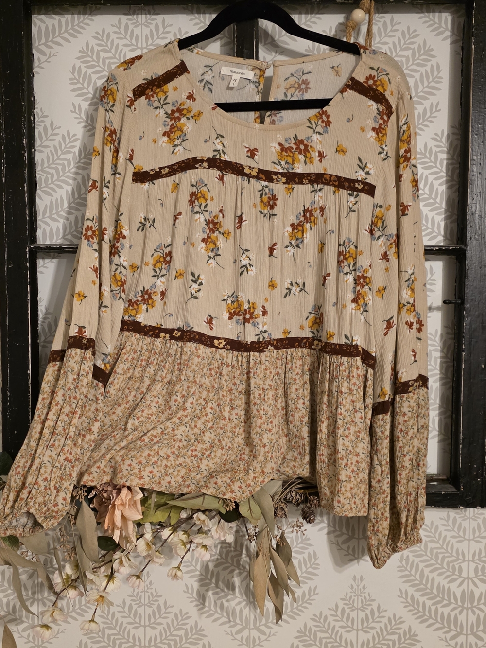 Maurices Cream Floral Peasant Blouse with Brown Trim